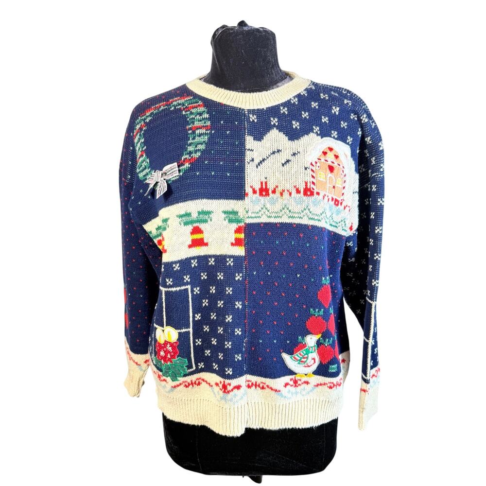 Vintage Sweater Loft Christmas Womens Medium Candy Canes Wreath Geese 80s